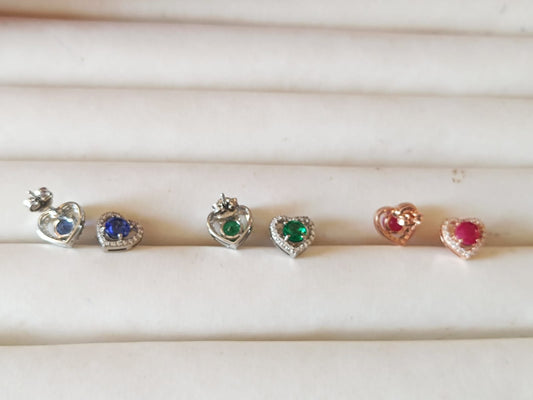 Heart Shaped Gemstone Stud Earrings in 925 Sterling Silver – Elegant Sapphire, Emerald & Ruby Jewelry for Loving Women
