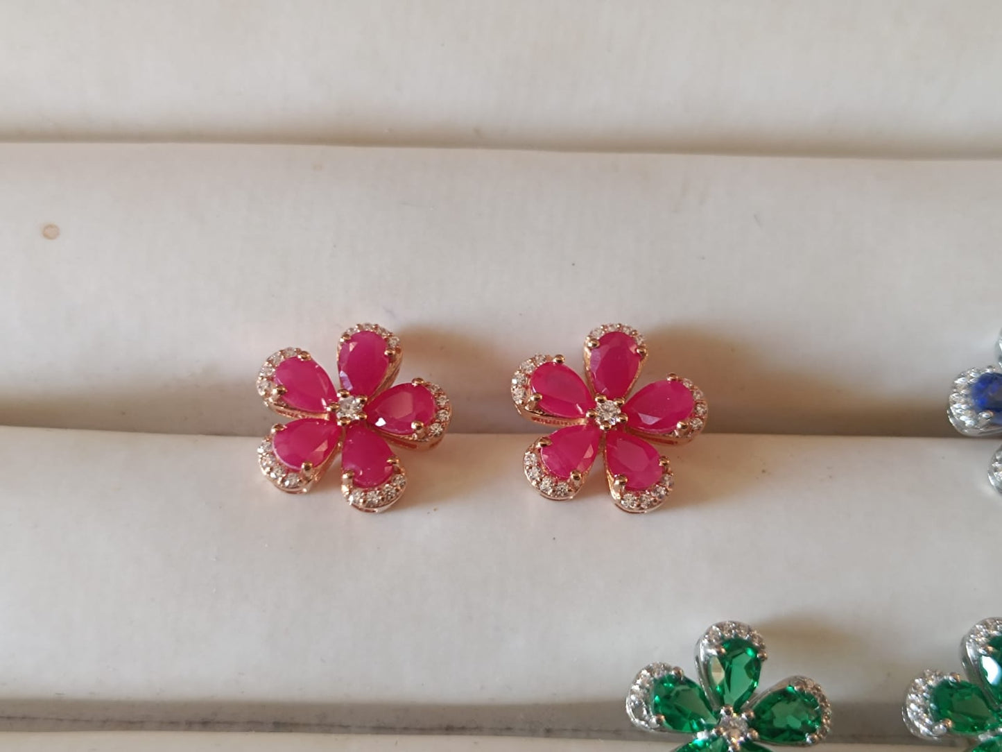 Floral Earrings in 925 Silver – Dazzling Gemstone Bloom in Emerald, Sapphire & Ruby with Zircon Accents