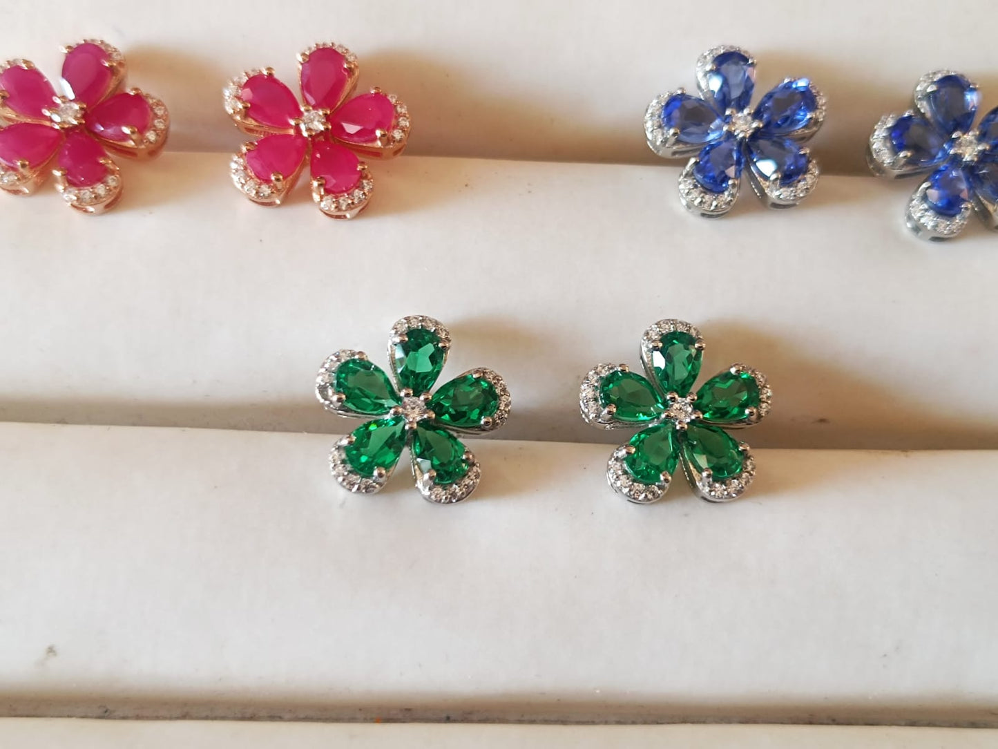 Floral Earrings in 925 Silver – Dazzling Gemstone Bloom in Emerald, Sapphire & Ruby with Zircon Accents