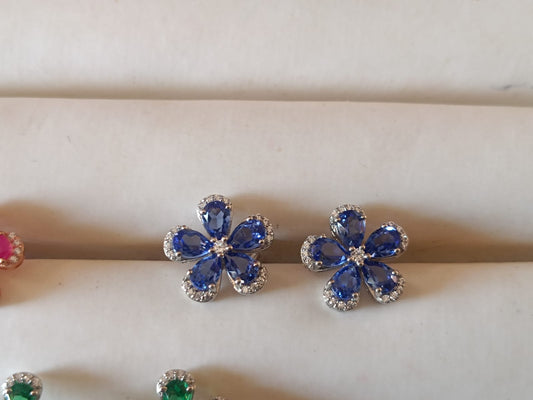 Floral Earrings in 925 Silver – Dazzling Gemstone Bloom in Emerald, Sapphire & Ruby with Zircon Accents