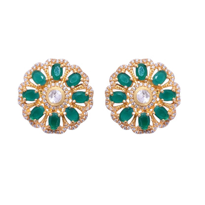 Lab made Emerald Moissanite Polki Studs Earrings in Authentic 925 sterling silver stamped
