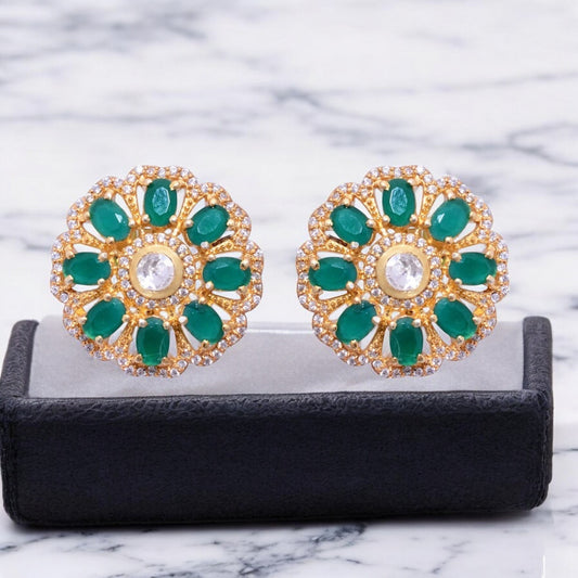 Lab made Emerald Moissanite Polki Studs Earrings in Authentic 925 sterling silver stamped