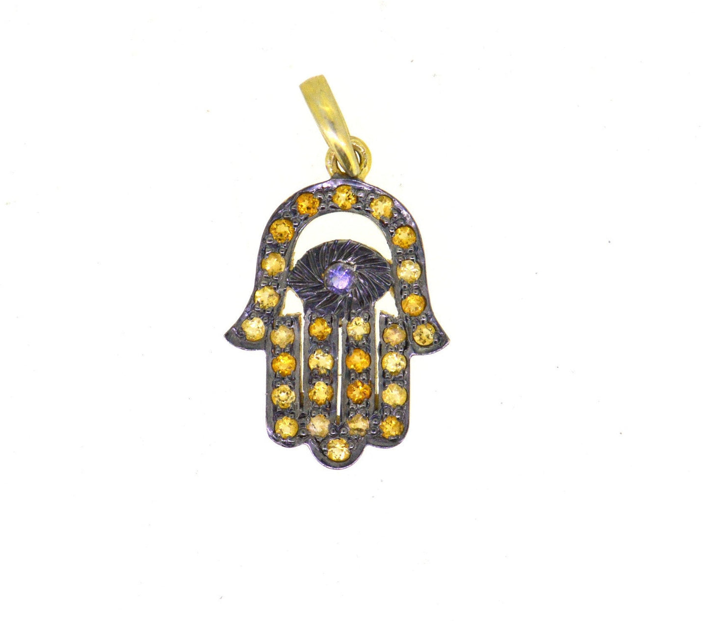 925 Sterling Silver  Natural Citrine & Black Onyx Hamsa Pendant