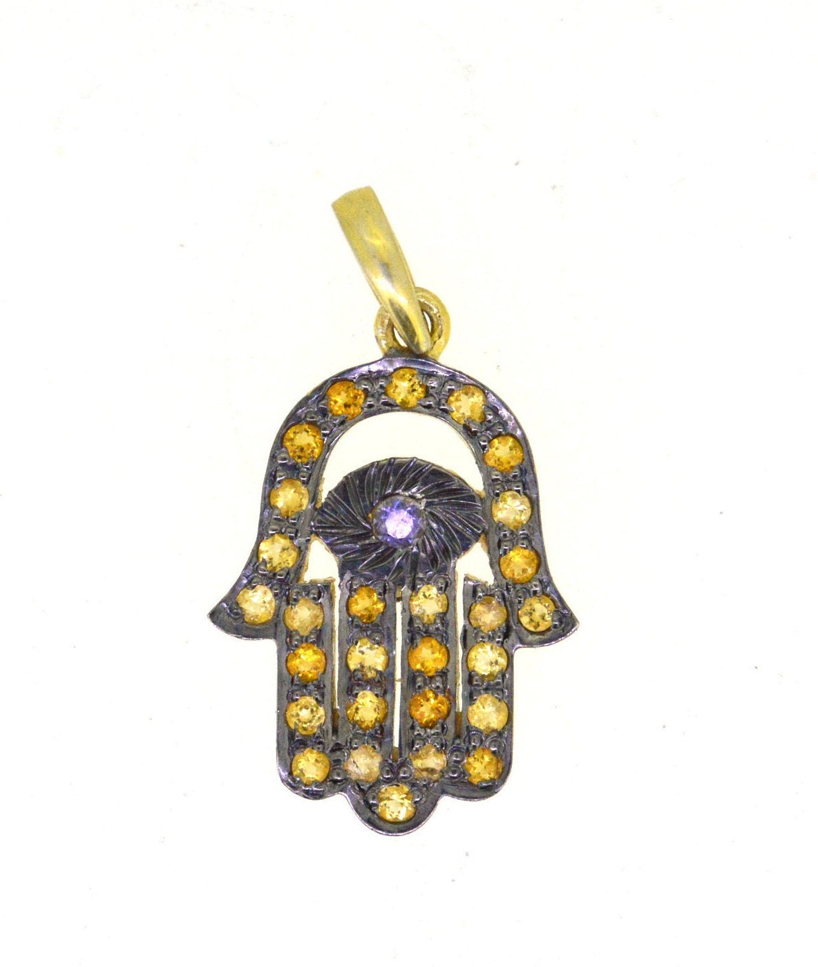 925 Sterling Silver  Natural Citrine & Black Onyx Hamsa Pendant