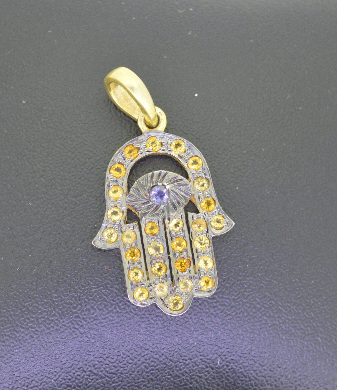 925 Sterling Silver  Natural Citrine & Black Onyx Hamsa Pendant