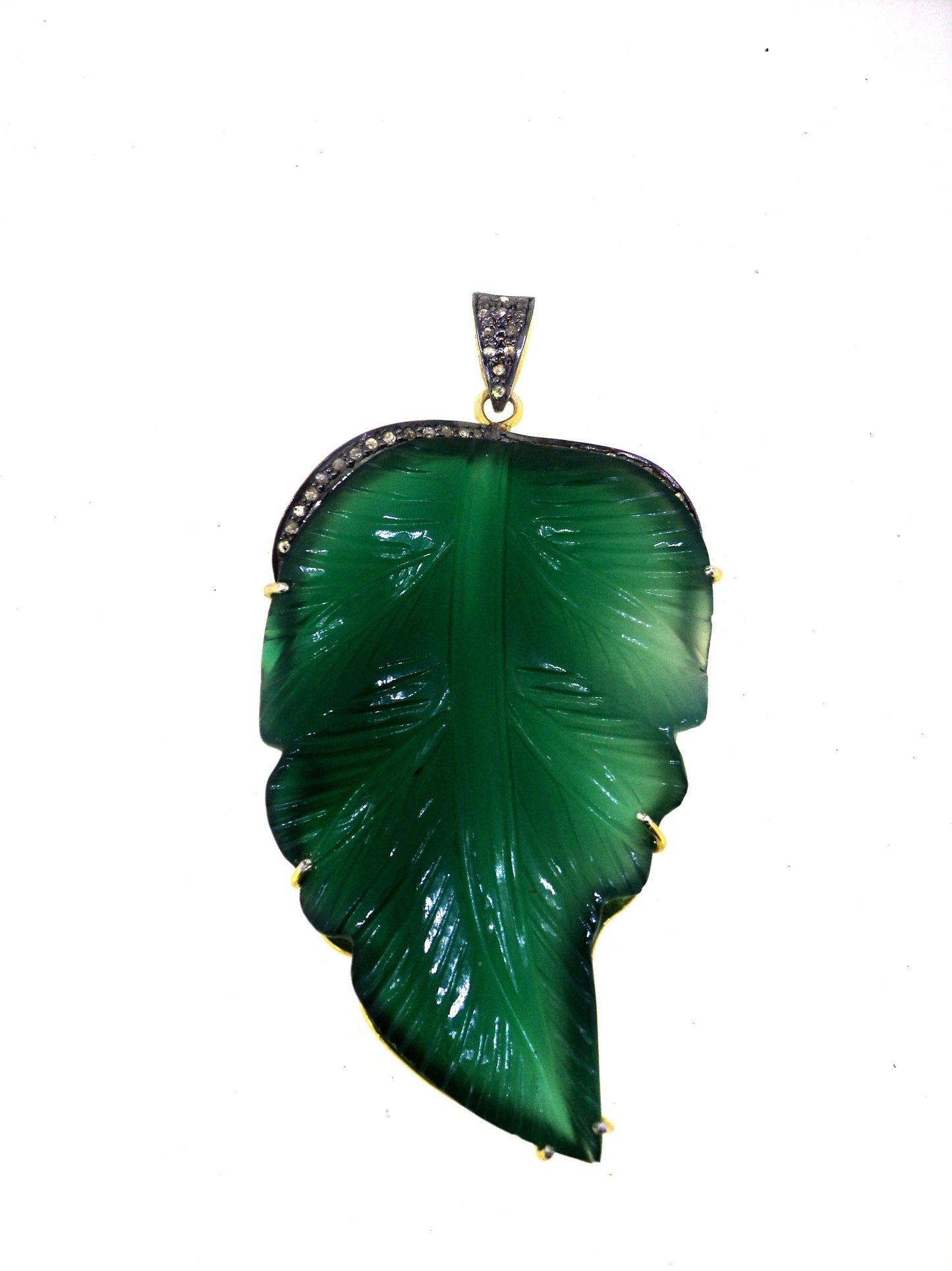 Natural Gemstone Green Onyx Handmade Pave Diamond Leaf
