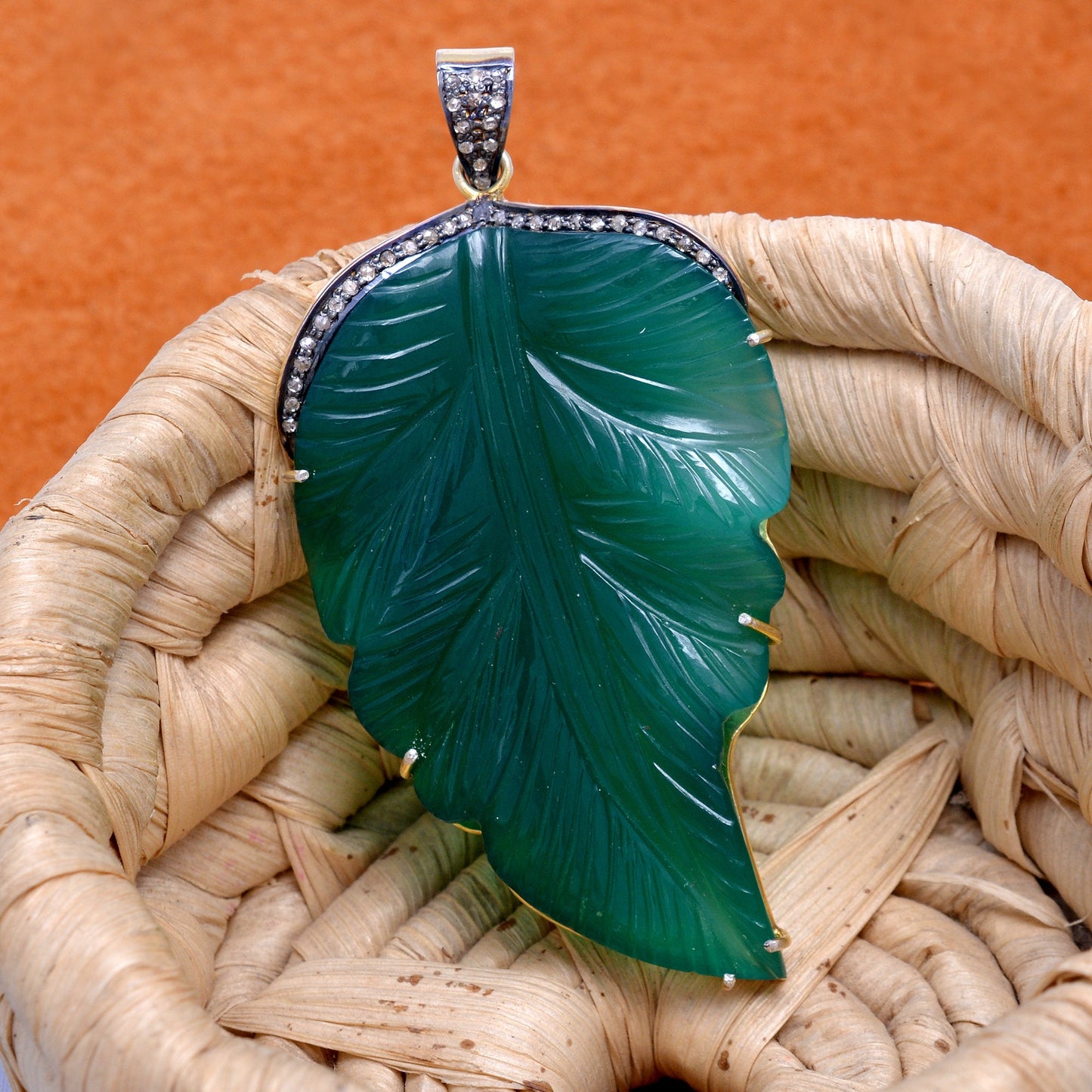 Natural Gemstone Green Onyx Handmade Pave Diamond Leaf