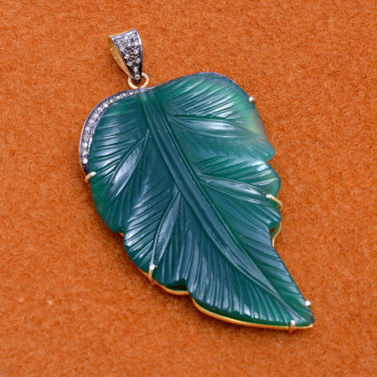 Natural Gemstone Green Onyx Handmade Pave Diamond Leaf