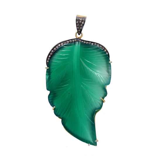 Natural Gemstone Green Onyx Handmade Pave Diamond Leaf