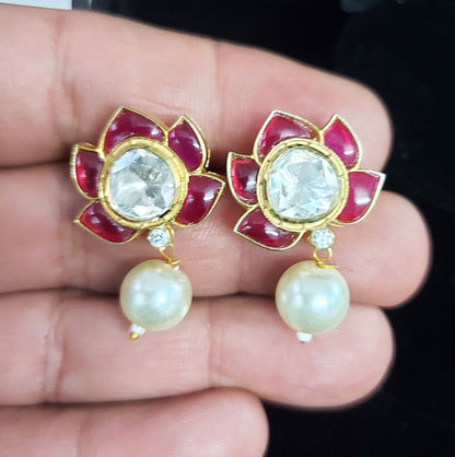 Handmade Lab made Ruby Moissanite Pearl ( Cultured) Stud Earrings