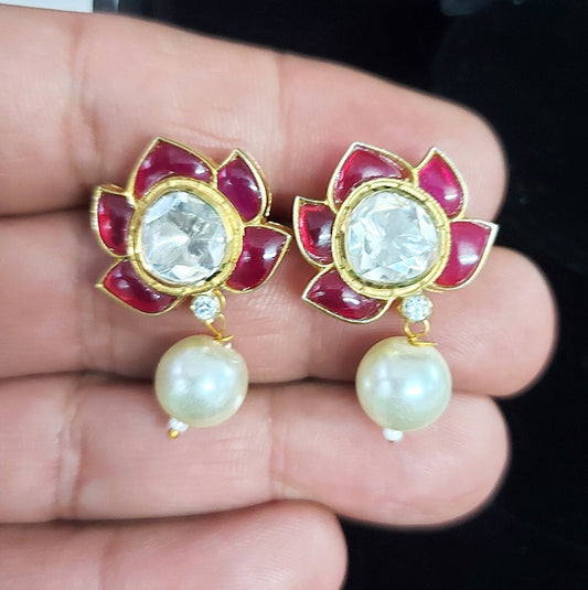 Handmade Lab made Ruby Moissanite Pearl ( Cultured) Stud Earrings