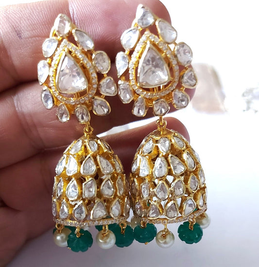 Moissanite ,Pearl  ,Green Onyx jhumka Earrings,