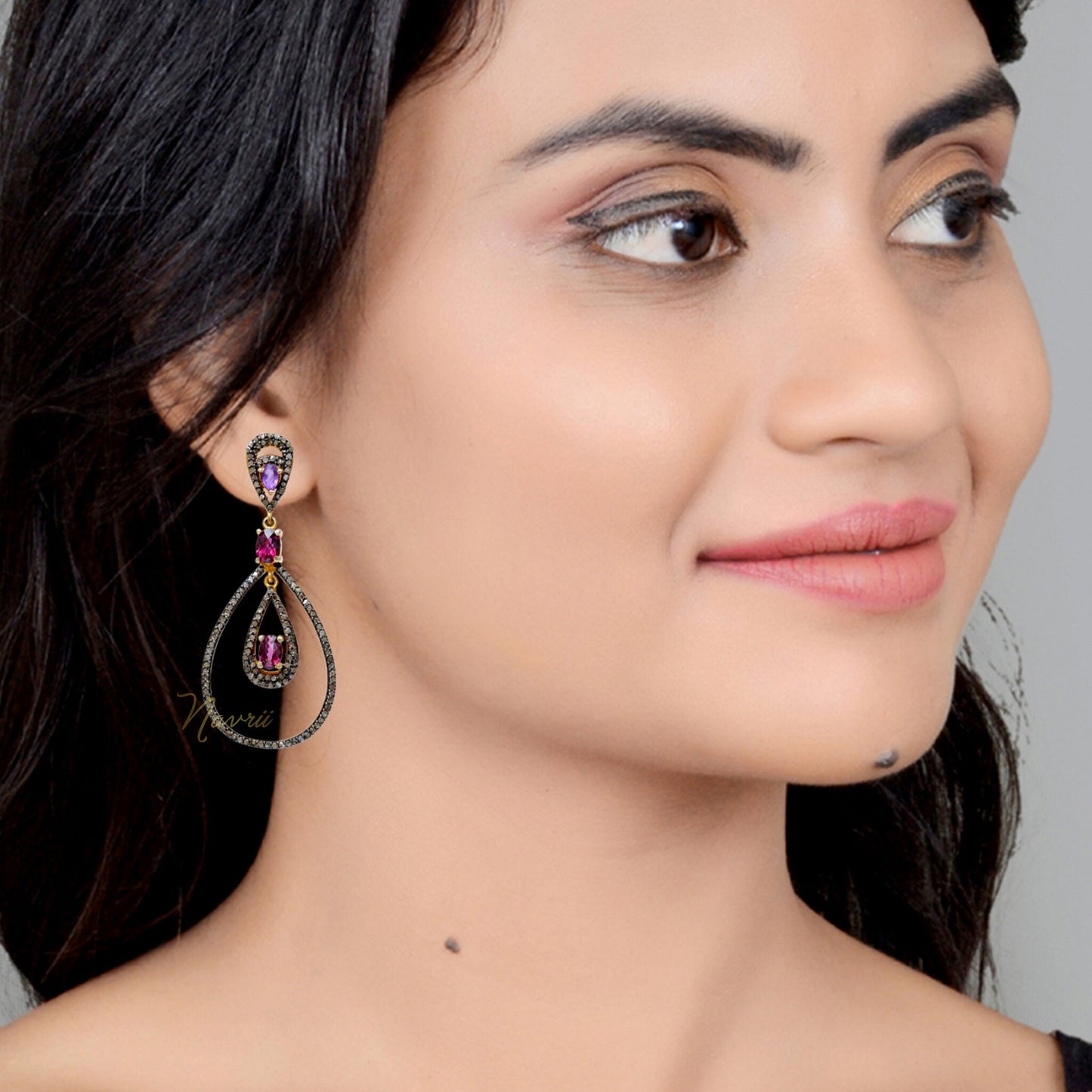 925 Sterling Silver Statement Cubic Zirconia , Labmade Amethyst, Labmade RhodoliteDangle Drop Long Earrings