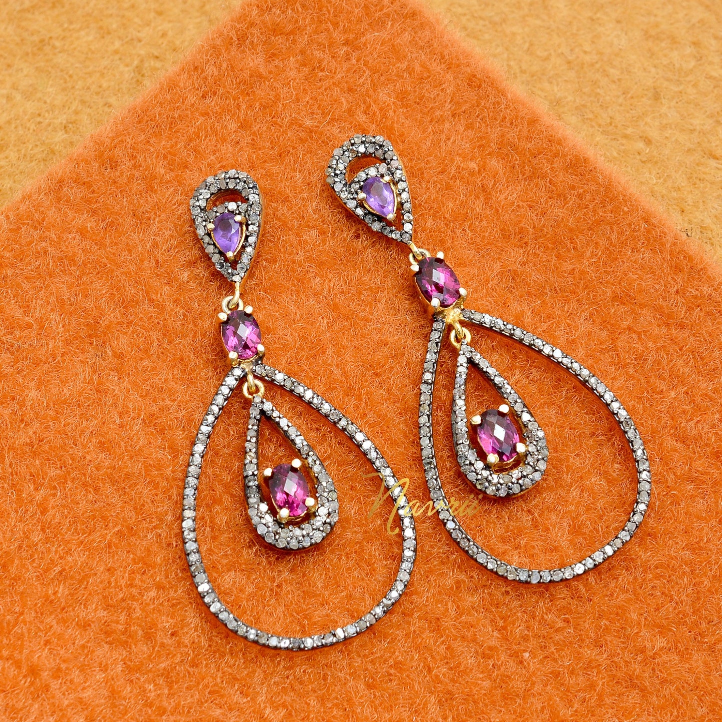 925 Sterling Silver Statement Cubic Zirconia , Labmade Amethyst, Labmade RhodoliteDangle Drop Long Earrings
