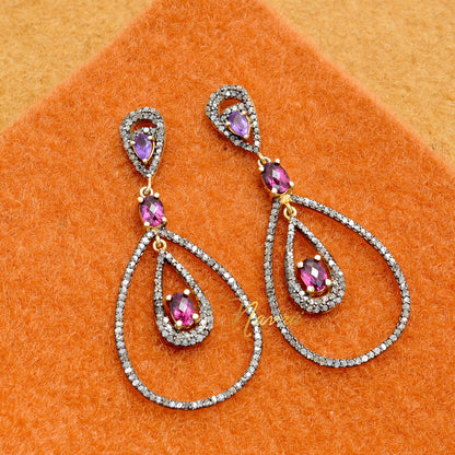 925 Sterling Silver Statement Cubic Zirconia , Labmade Amethyst, Labmade RhodoliteDangle Drop Long Earrings