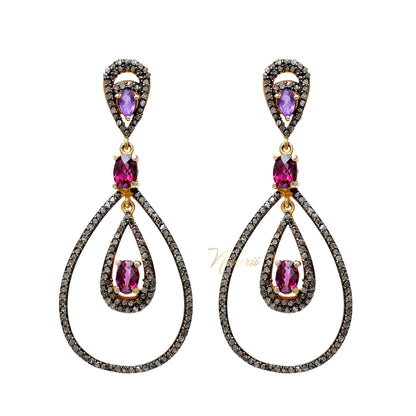 925 Sterling Silver Statement Cubic Zirconia , Labmade Amethyst, Labmade RhodoliteDangle Drop Long Earrings