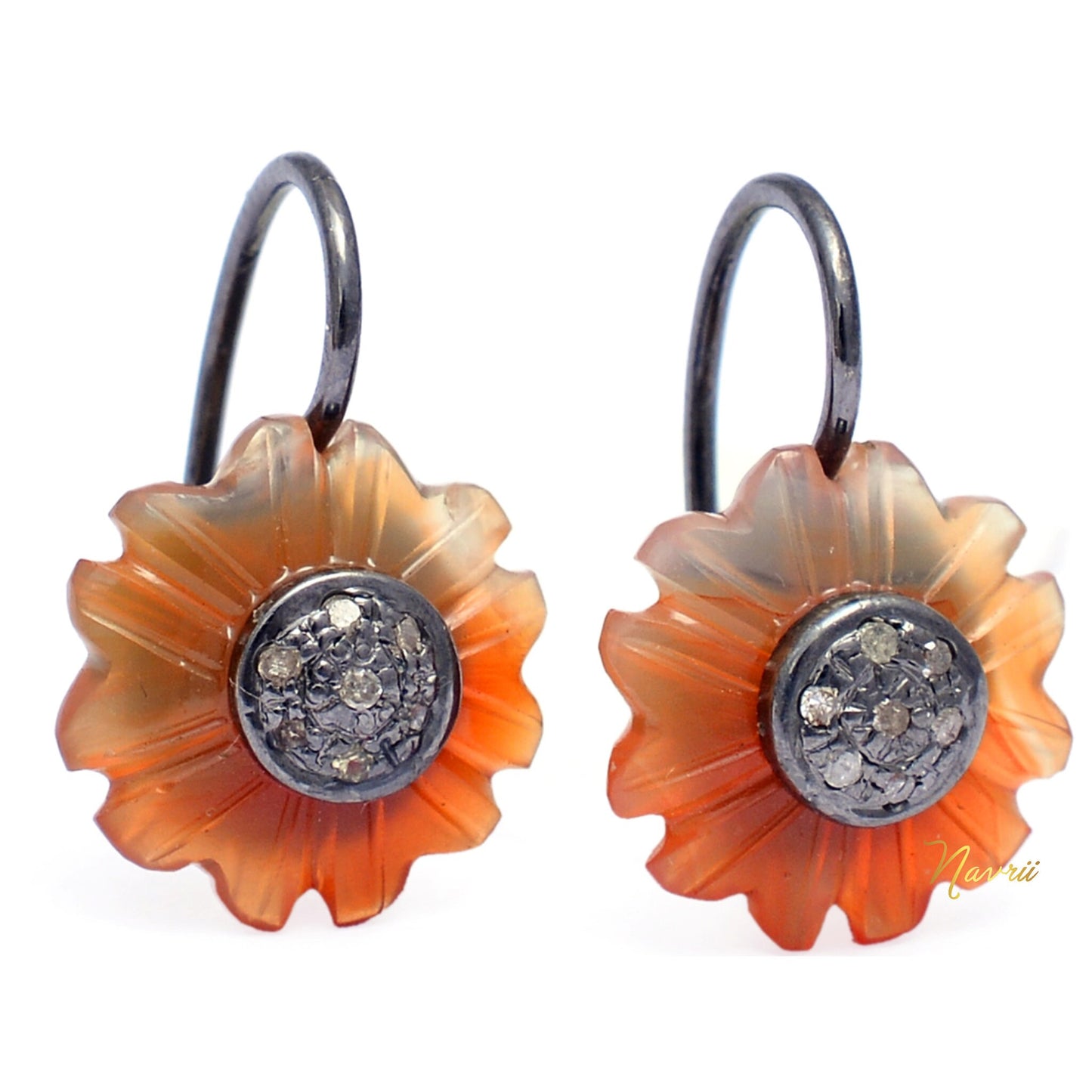 925 Sterling Silver Pave Diamond Natural Orange Onyx Floral Earrings, Orange Onyx Earrings, Carved Gemstone Floral Earrings, Flower Earrings