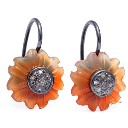 925 Sterling Silver Pave Diamond Natural Orange Onyx Floral Earrings, Orange Onyx Earrings, Carved Gemstone Floral Earrings, Flower Earrings