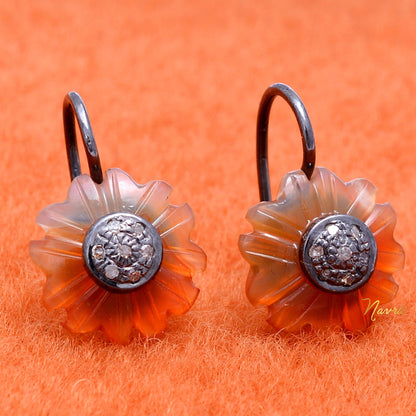 925 Sterling Silver Pave Diamond Natural Orange Onyx Floral Earrings, Orange Onyx Earrings, Carved Gemstone Floral Earrings, Flower Earrings