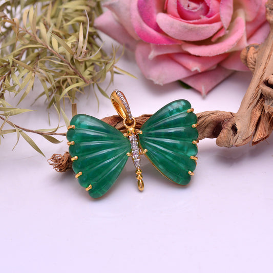 Handmade green onyx Butterfly carved pendant, pave diamond butterfly sterling 925 solid silver pendant, Natural Gemstone, Insects pendent