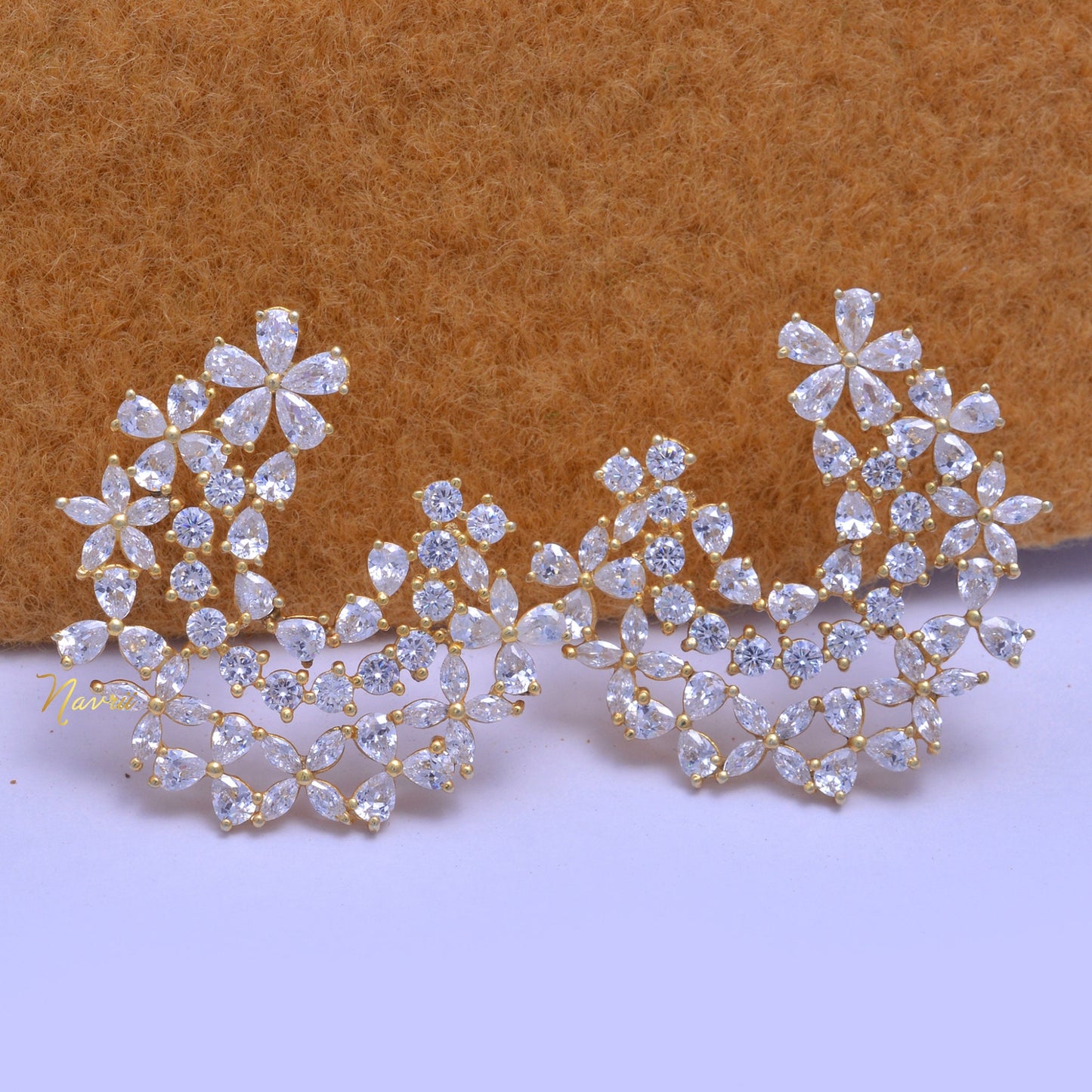 Handmade 925 Sterling Silver Pear Cut Cz Flower Stud Earring