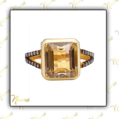 925 Sterling Silver Pave Diamond Natural Citrine Gemstone Ring