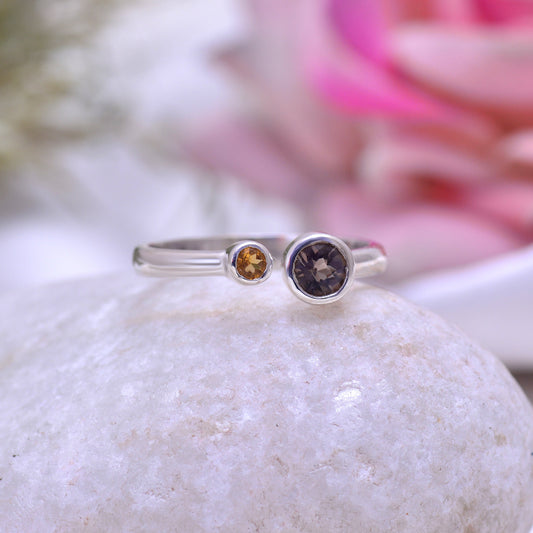 Double Gemstone Adjustable Ring- Smokey Quartz & Citrine Ring