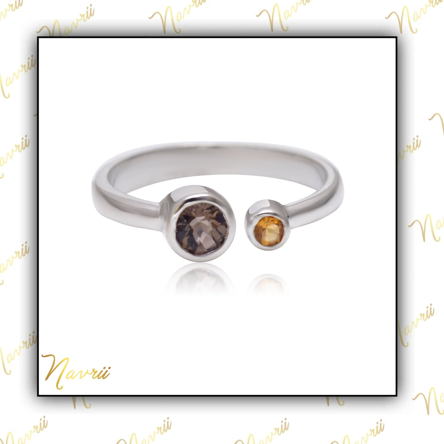 Double Gemstone Adjustable Ring- Smokey Quartz & Citrine Ring