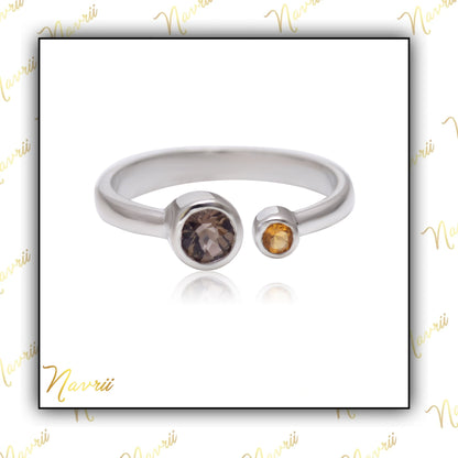 Double Gemstone Adjustable Ring- Smokey Quartz & Citrine Ring