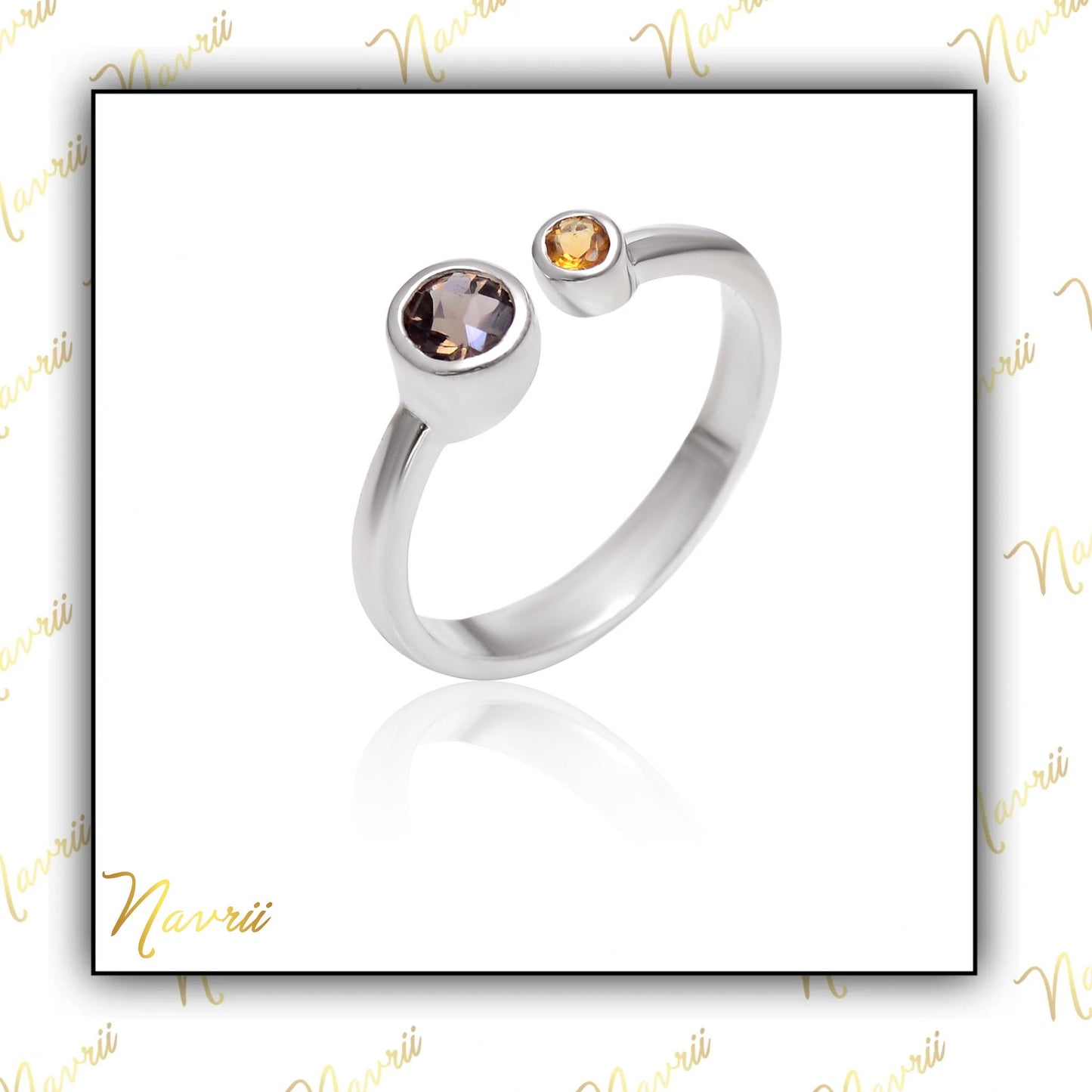 Double Gemstone Adjustable Ring- Smokey Quartz & Citrine Ring