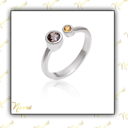 Double Gemstone Adjustable Ring- Smokey Quartz & Citrine Ring