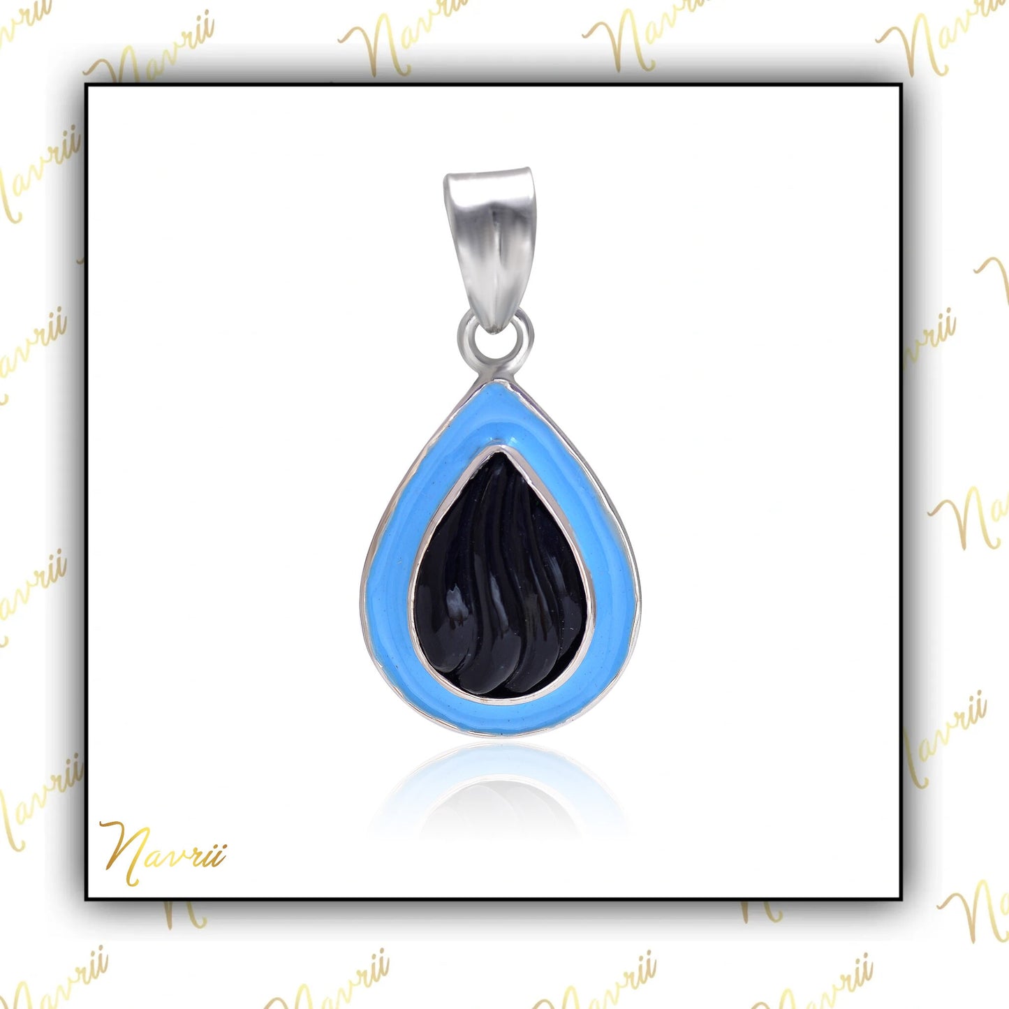 925 Sterling Silver Natural Black Onyx Enamel Pendant, Onyx Pendant Necklace, Black Gemstone Pendant, Enamel Charm Pendant, Women Jewelry