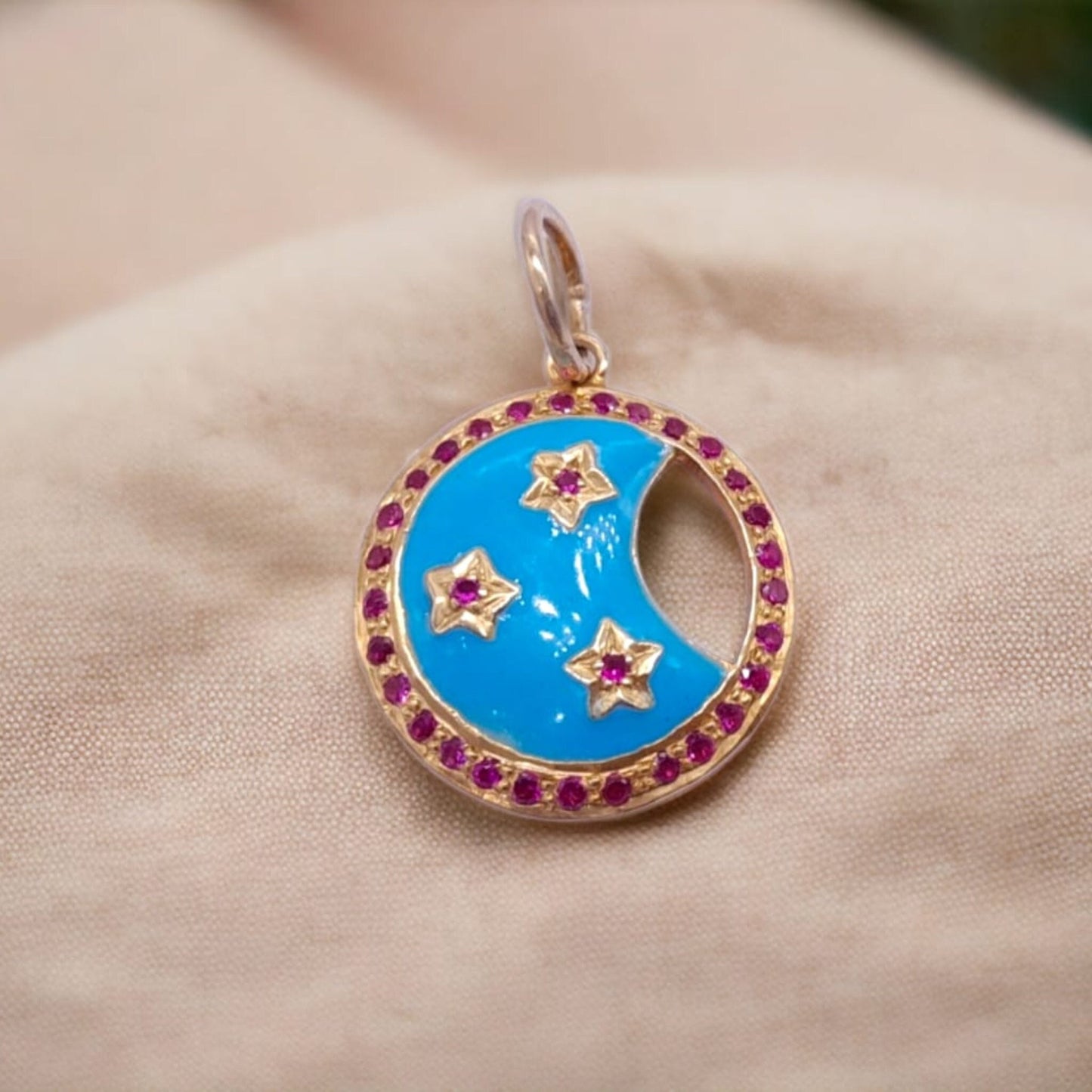 925 Sterling Silver Labmade Ruby & Enamel Moon Pendant