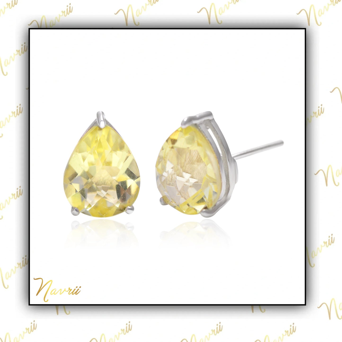 Natural Lemon Quartz Stud Earring-Unique Pear Stud Earrings-Teardrop Earrings-Fine Lemon Quartz Vintage Earring-Minimalist Lemon Quartz Stud