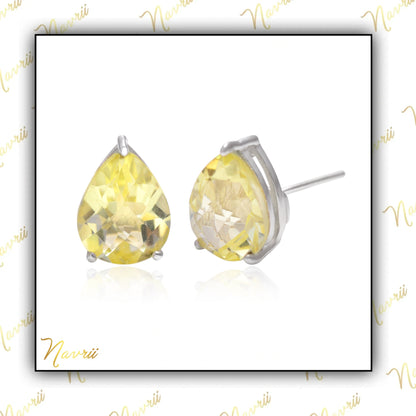 Natural Lemon Quartz Stud Earring-Unique Pear Stud Earrings-Teardrop Earrings-Fine Lemon Quartz Vintage Earring-Minimalist Lemon Quartz Stud