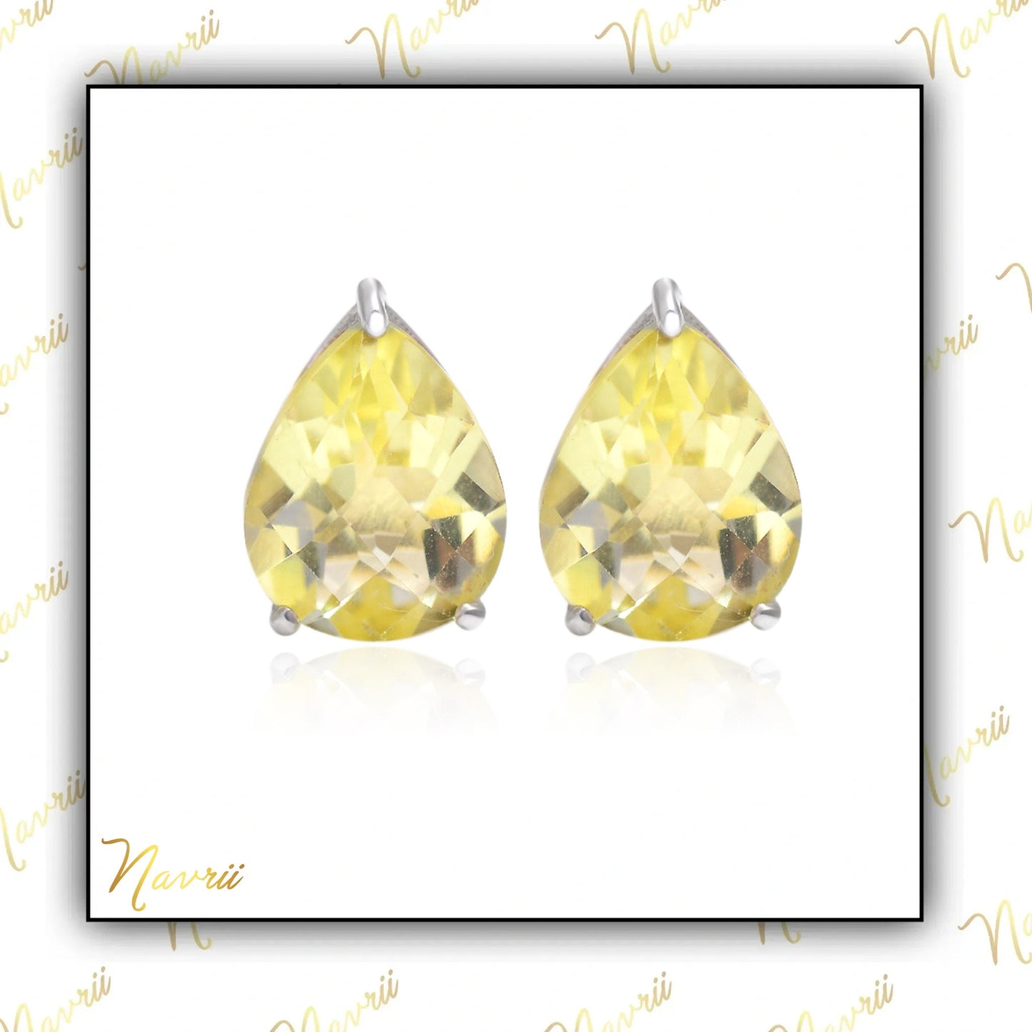 Natural Lemon Quartz Stud Earring-Unique Pear Stud Earrings-Teardrop Earrings-Fine Lemon Quartz Vintage Earring-Minimalist Lemon Quartz Stud