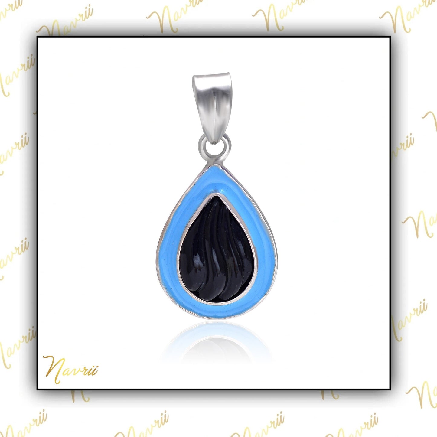 925 Sterling Silver Natural Black Onyx Enamel Pendant, Onyx Pendant Necklace, Black Gemstone Pendant, Enamel Charm Pendant, Women Jewelry