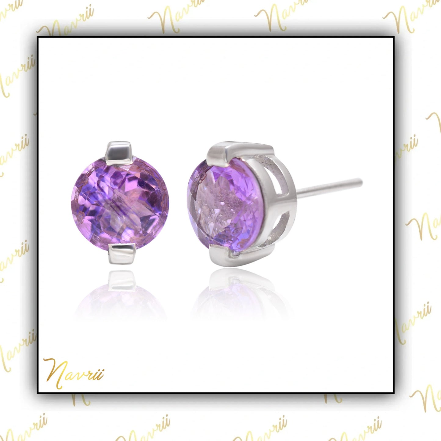 Natural Amethyst Stud Earring In Sterling Silver