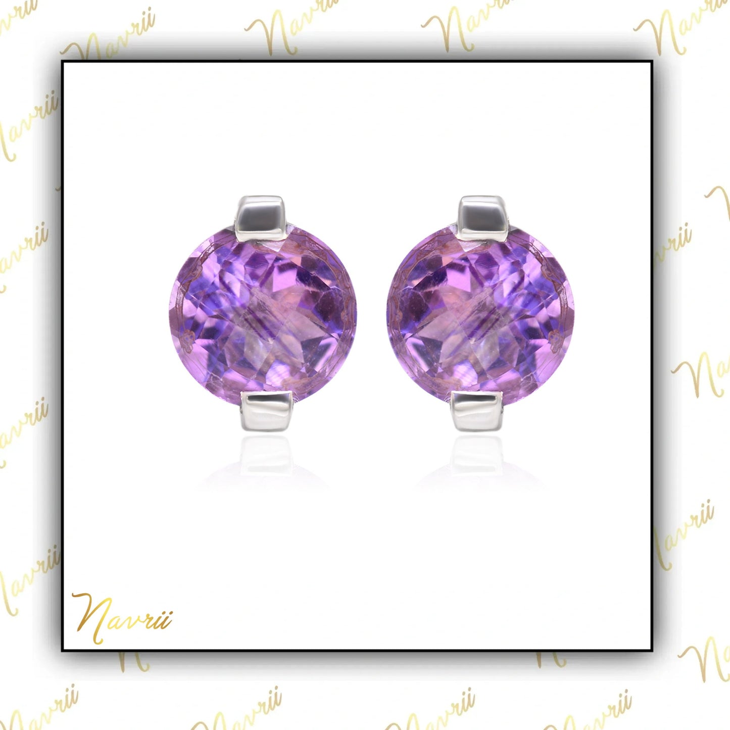Natural Amethyst Stud Earring In Sterling Silver