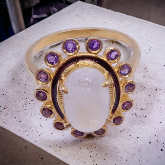 925 Sterling Silver Natural Rainbow & Amethyst Ring