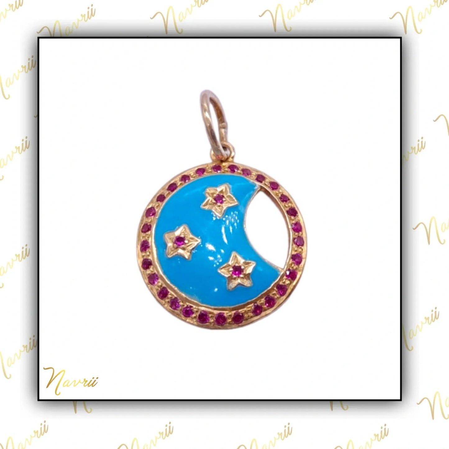 925 Sterling Silver Labmade Ruby & Enamel Moon Pendant