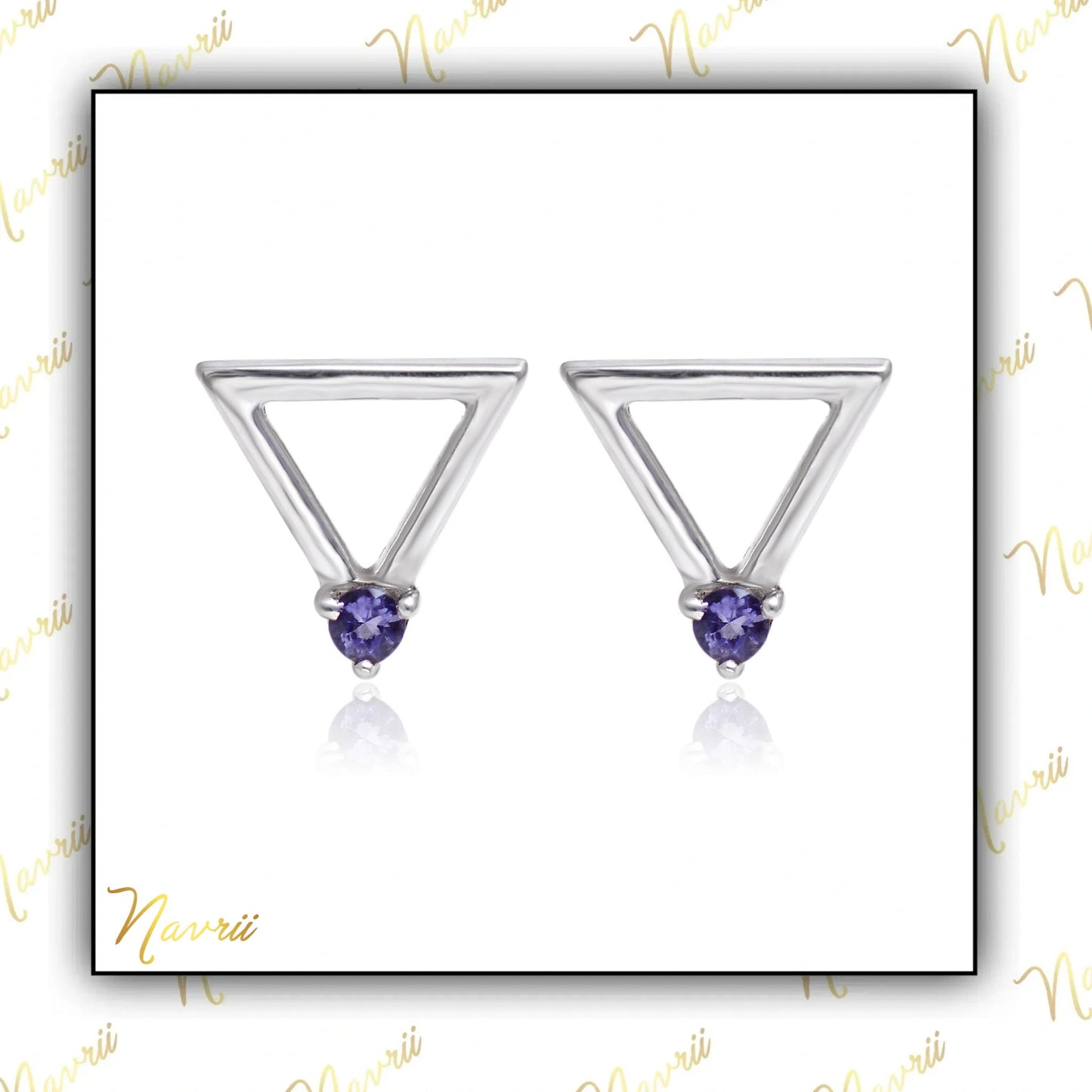 925 Sterling Silver Natural Blue Iolite Triangle Stud Earrings, Tiny Geometric Stud, Gemstone Earrings, Minimalist earrings Gift For Her