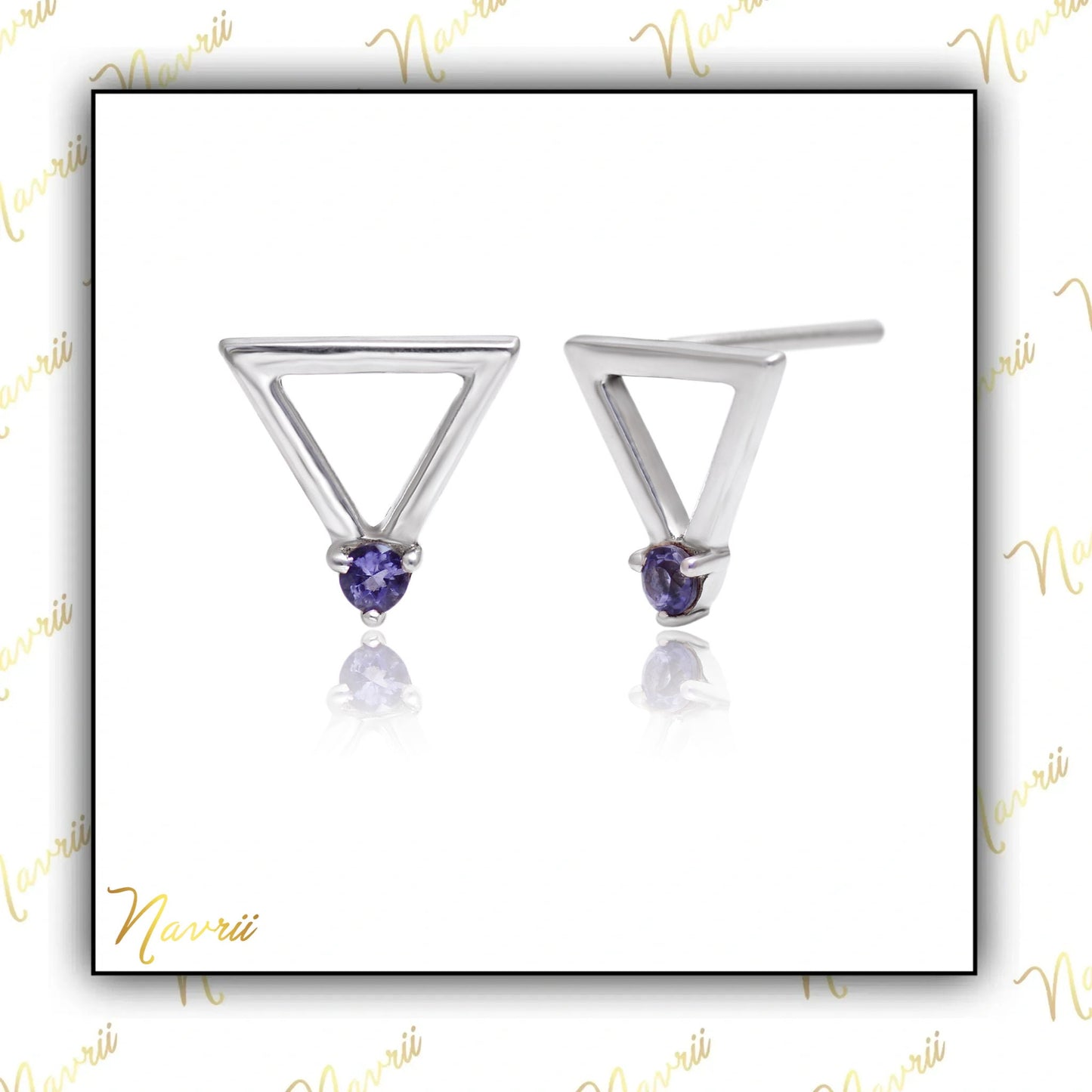 925 Sterling Silver Natural Blue Iolite Triangle Stud Earrings, Tiny Geometric Stud, Gemstone Earrings, Minimalist earrings Gift For Her