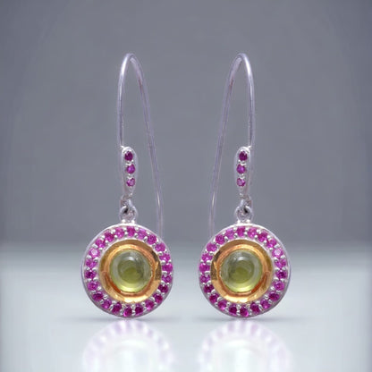Natural Peridot & Labmade Ruby Ear Wire Earrings