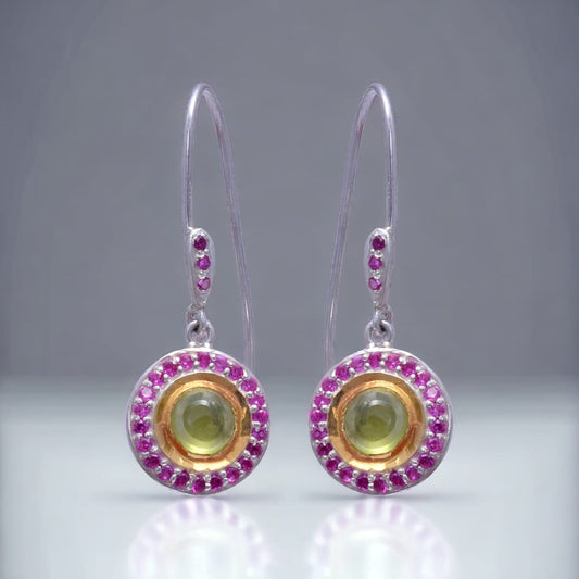 Natural Peridot & Labmade Ruby Ear Wire Earrings