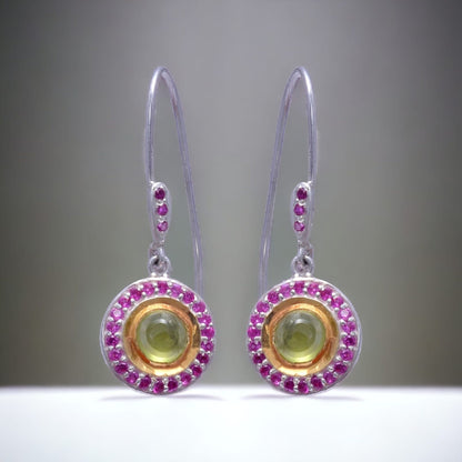 Natural Peridot & Labmade Ruby Ear Wire Earrings