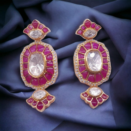 Red Ruby Moissanite Polki Earrings, Kundan Polki Earring, Indian Bridal Jewelry, Silver Polki Earring, Silver Earring, Daily Wear Earring
