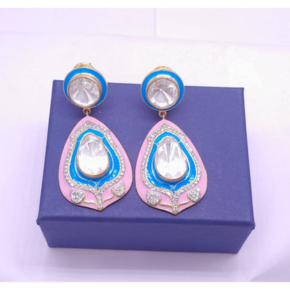 Silver Moissanite Long Polki Earring, Moissanite Kundan Earring, Enamel Polki Earring, Indian Wedding Jewelry, valentines Polki Earring Gift