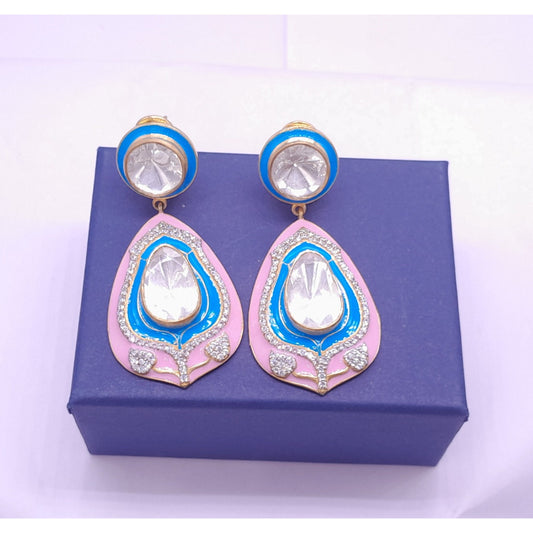 Silver Moissanite Long Polki Earring, Moissanite Kundan Earring, Enamel Polki Earring, Indian Wedding Jewelry, valentines Polki Earring Gift