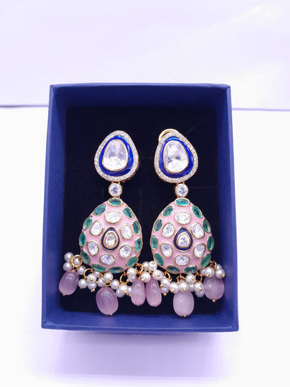 Silver Moissanite Polki Enamel Earring, Moissanite Kundan Earring, Bridal Jewelry, Traditional Jewelry, Sterling Silver Earring Gift For Her